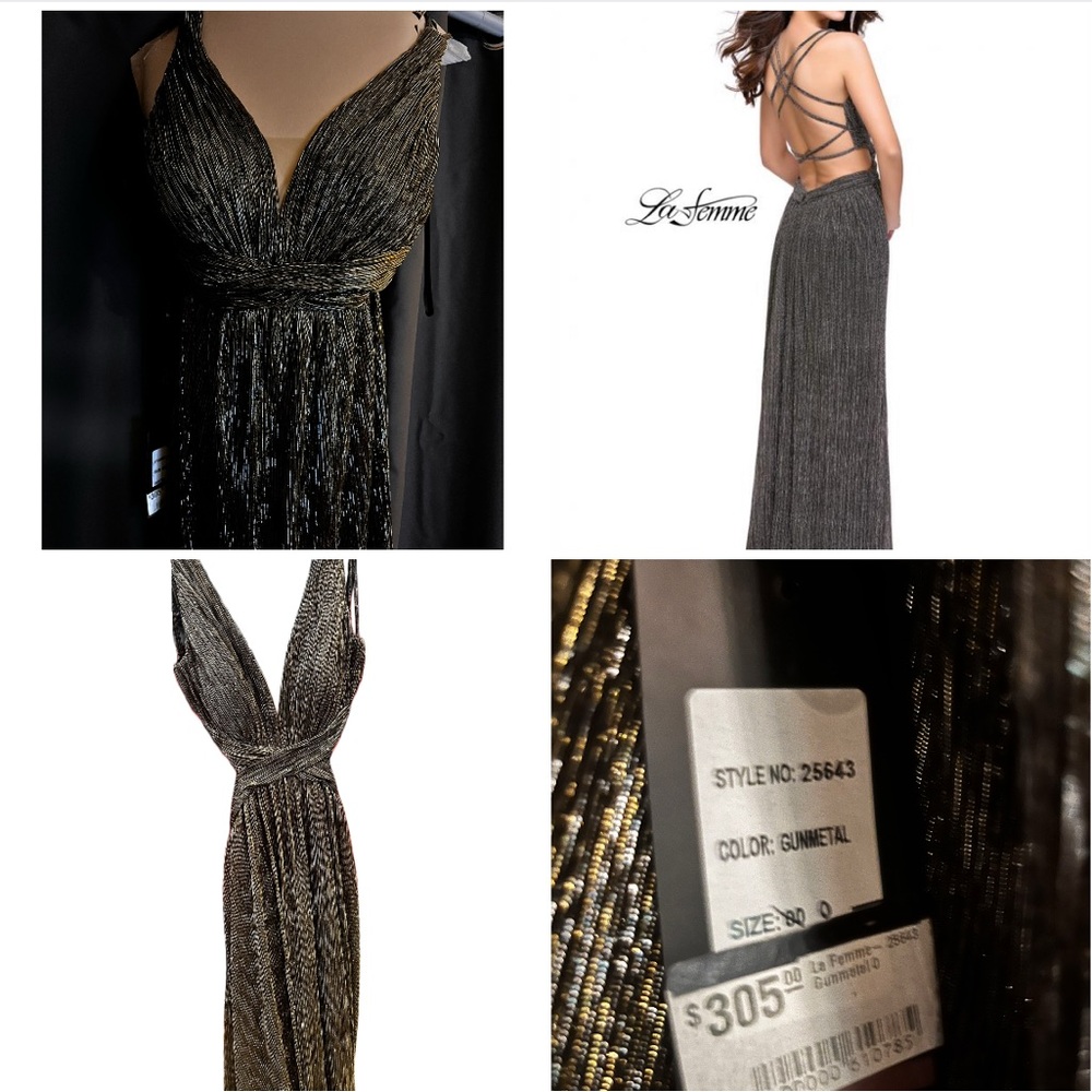 NWT La Femme Formal strap open back & sides long Gunmetal size 0